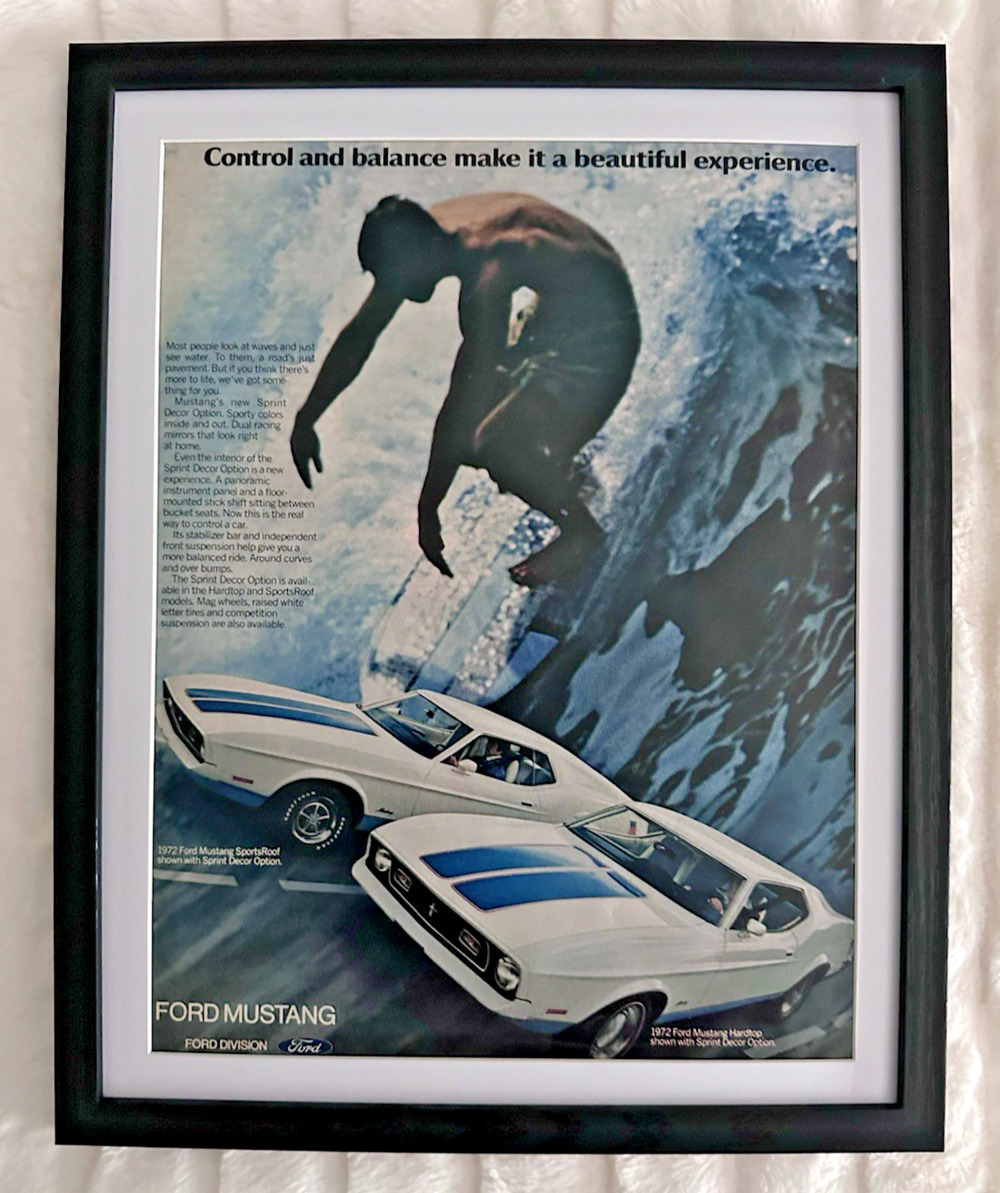 Framed 1972 Ford Mustang Vintage Magazine Ad Surfer Control Balance